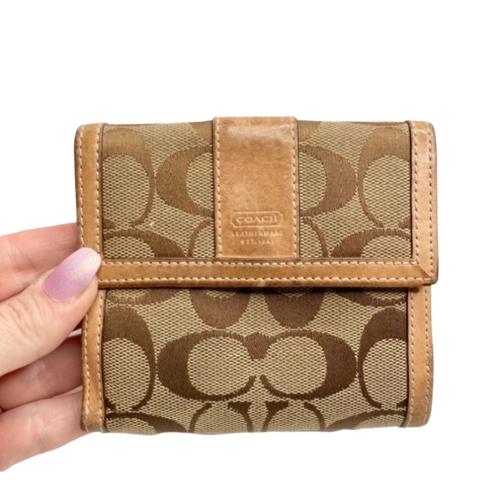 Coach Brown & Tan Signature Canvas Compact Wallet